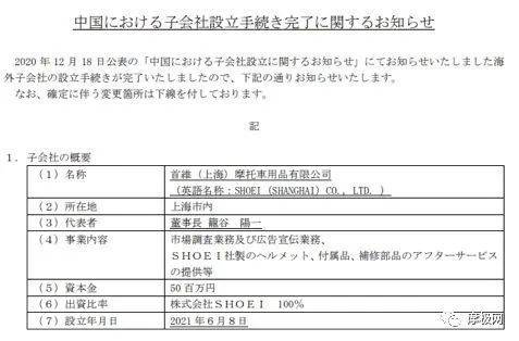 SHOEI进军国内市场，成立上海分公司